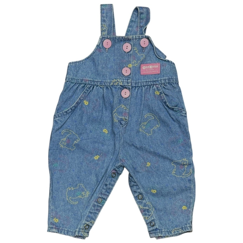 Vtg Oshkosh‎ B'gosh Vestbak USA Blue Denim Cat Flowers Overalls 3/6 Months Baby